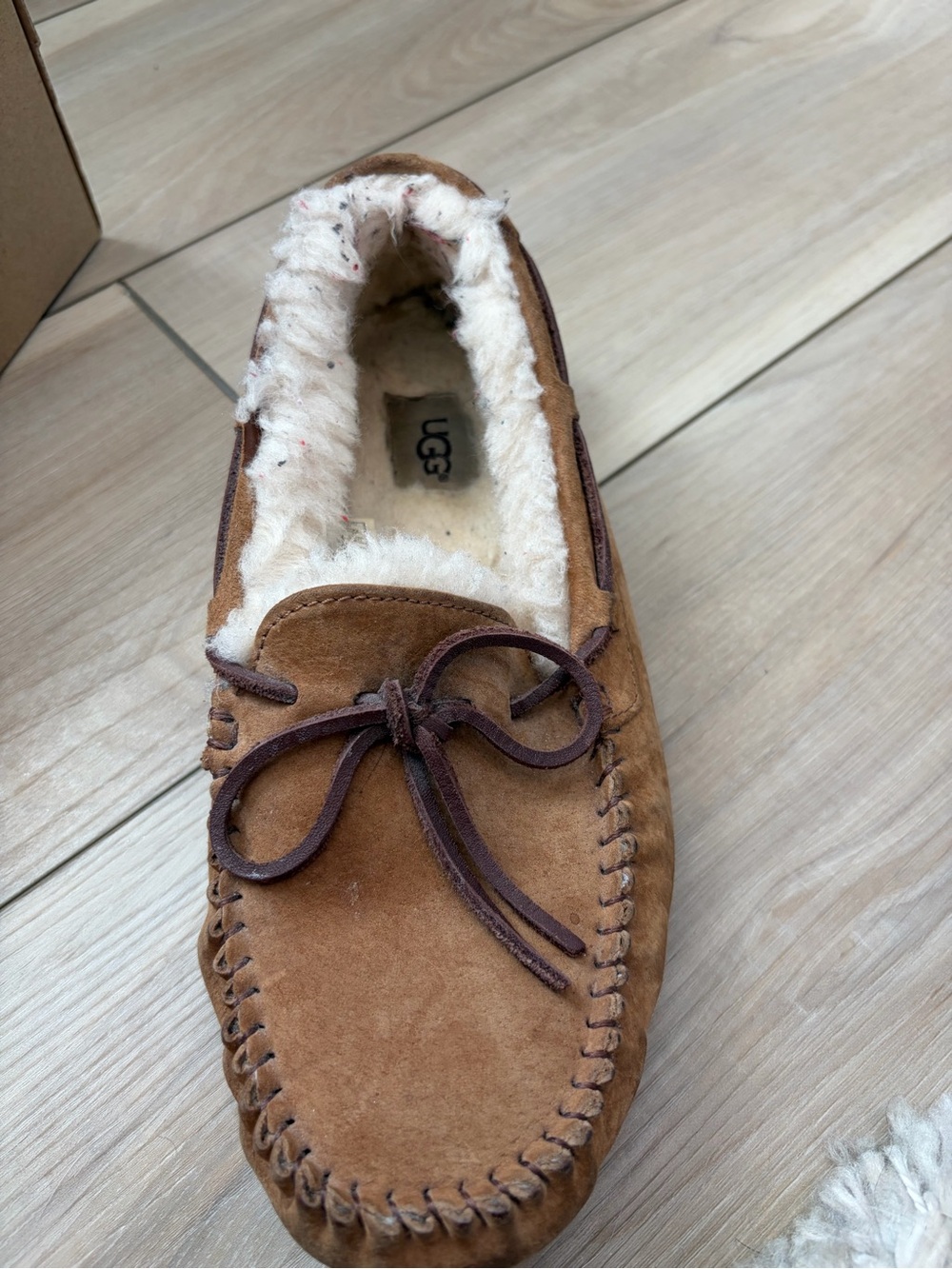UGG Chestnut Suede Moccasin Slippers with Shearling Trim - Picture 8 of 12
